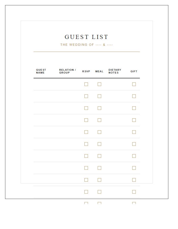 Luxury Wedding Guest List Printable Chart