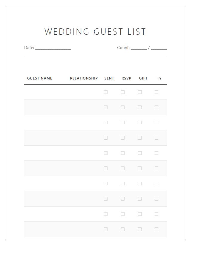 Minimalist Wedding Guest List Printable Chart
