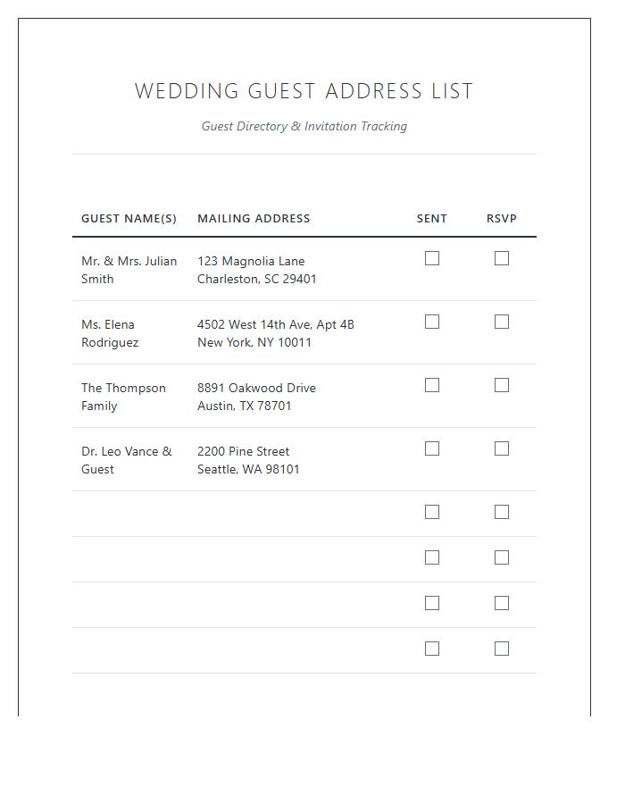 Wedding Guest Address Information Printable Chart