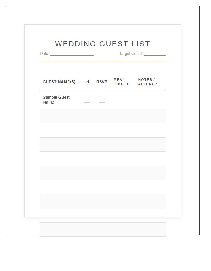 Wedding Guest Count Checklist Printable Chart