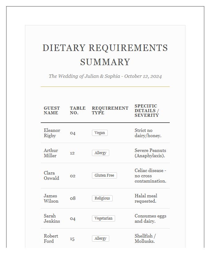 Wedding Guest Dietary Requirements Printable Chart