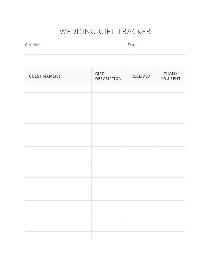 Wedding Guest Gift Tracking Printable Chart