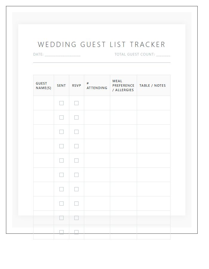 Wedding Guest Invitation Tracker Printable Chart