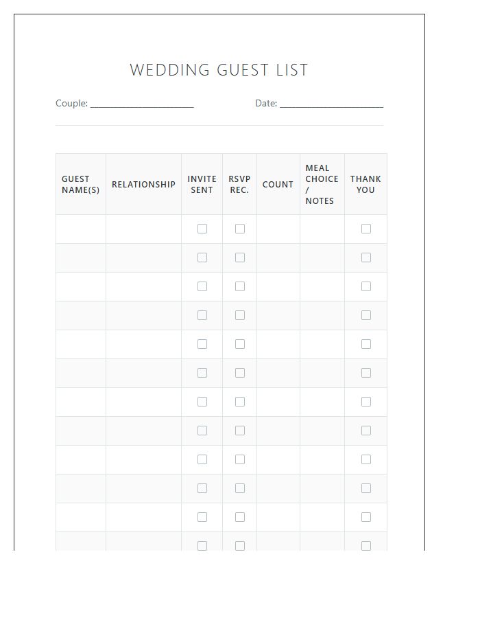 Wedding Guest List Tracker Printable Chart