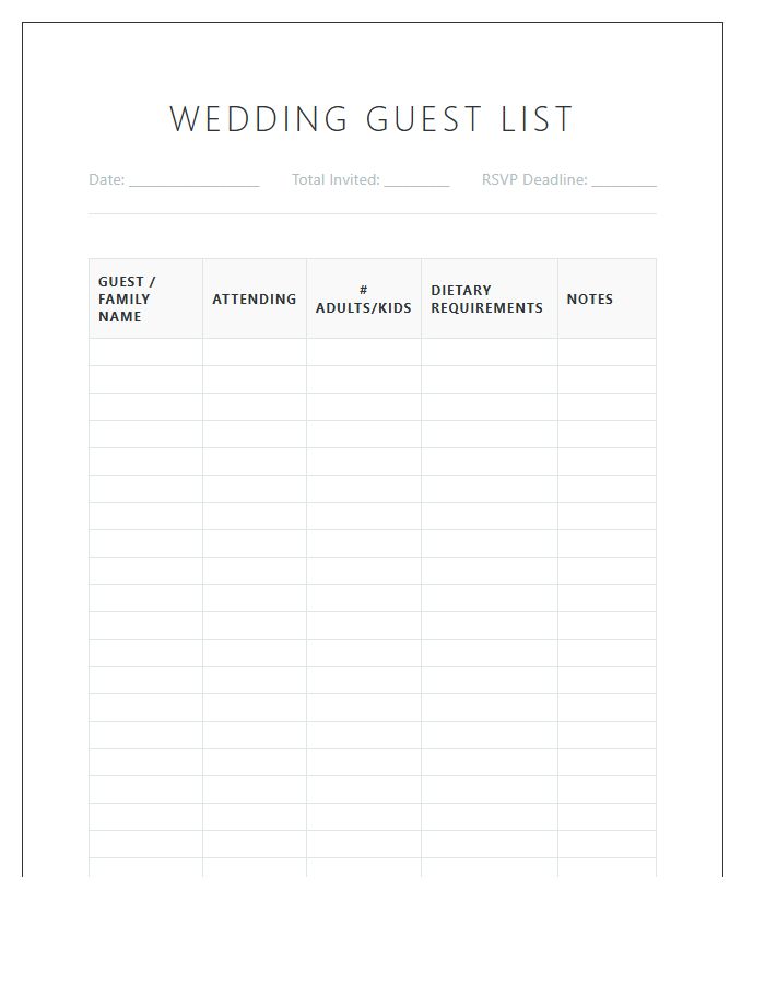 Wedding Guest RSVP Tracking Printable Chart