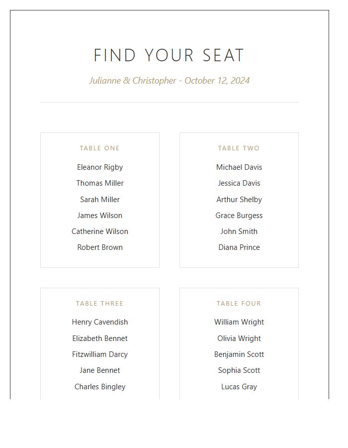 Wedding Guest Seating Arrangement Printable Chart
