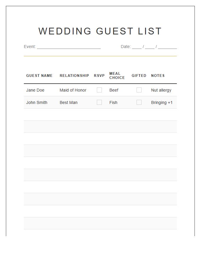 Wedding Party Guest List Printable Chart