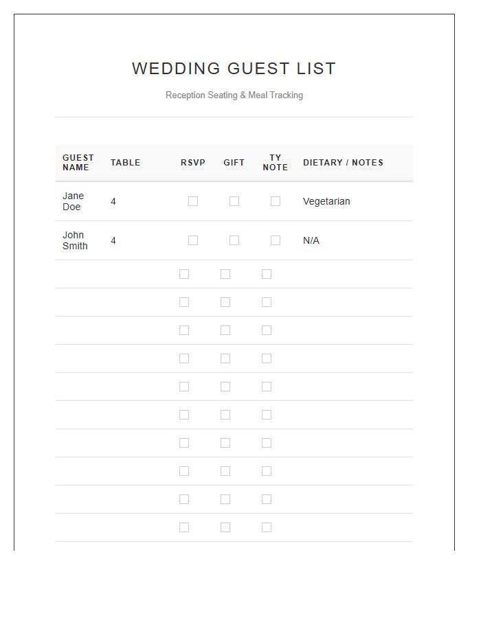 Wedding Reception Guest List Printable Chart