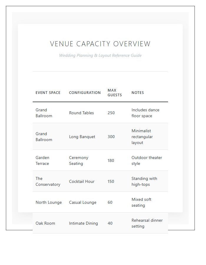 Wedding Venue Guest Capacity Printable Chart