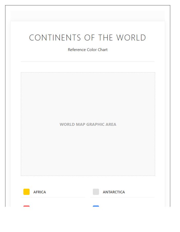Color Coded World Map Continents Printable Chart Layout