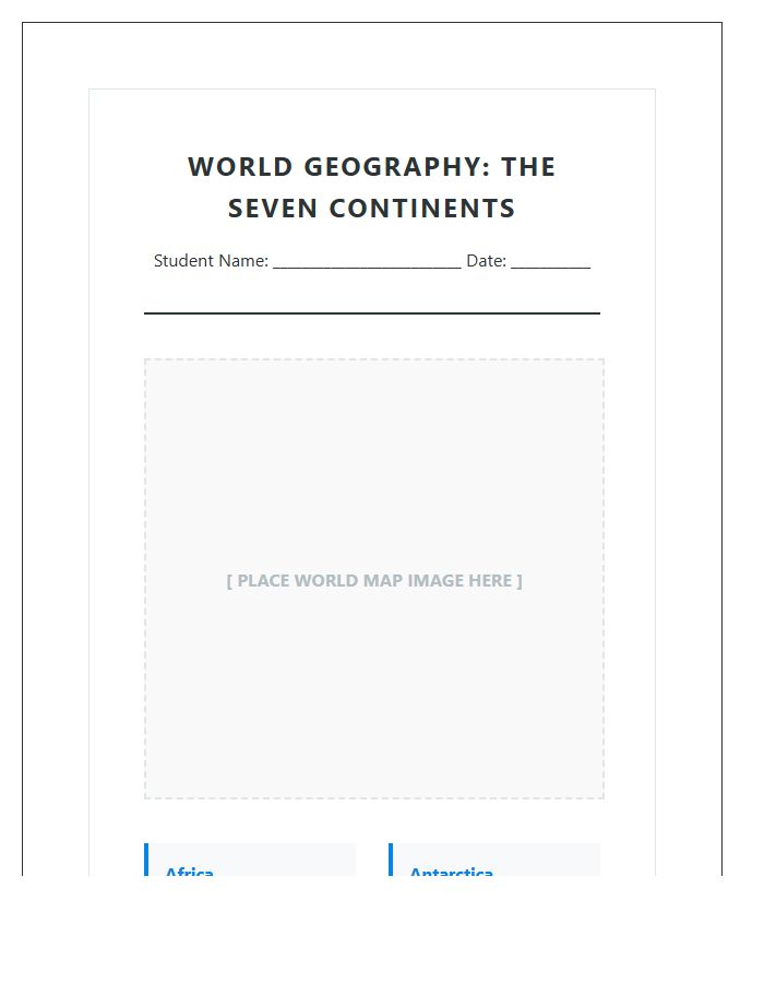 Elementary World Map Continents Printable Chart Lesson