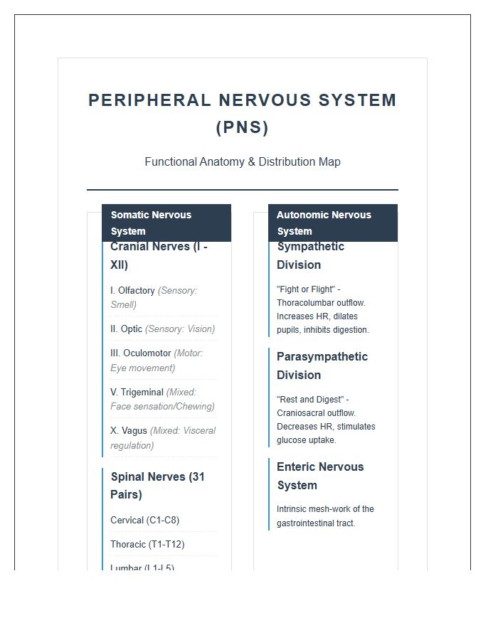 Peripheral Nervous System Map Printable Study Chart