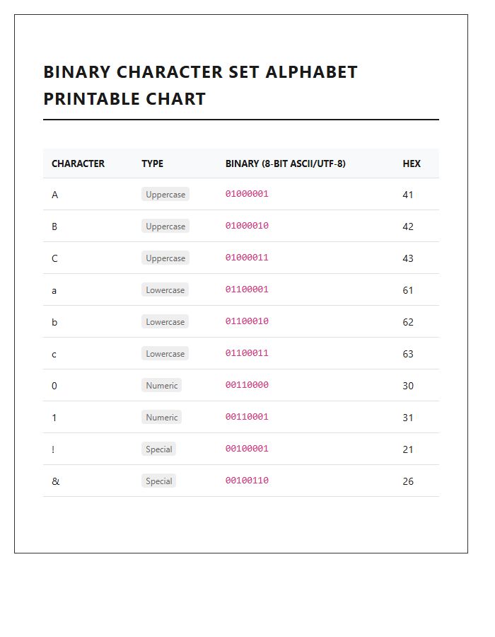 Binary Character Set Alphabet Printable Chart Overview