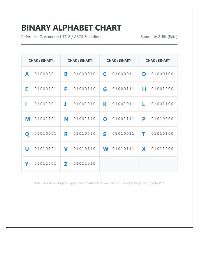 Computer Programming Binary Alphabet Printable Chart Document