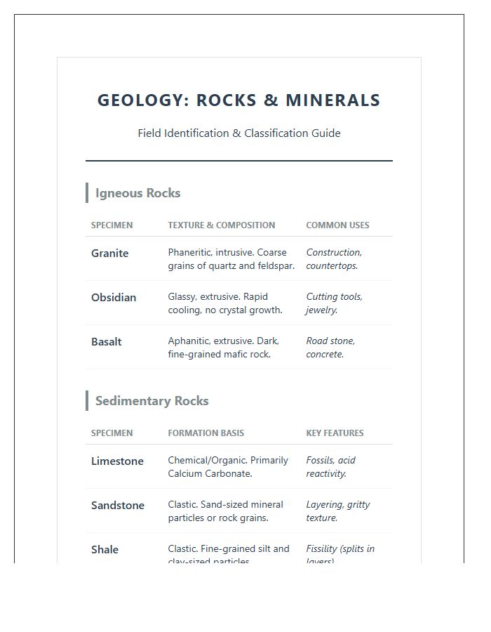 Geology Rocks And Minerals Printable Chart