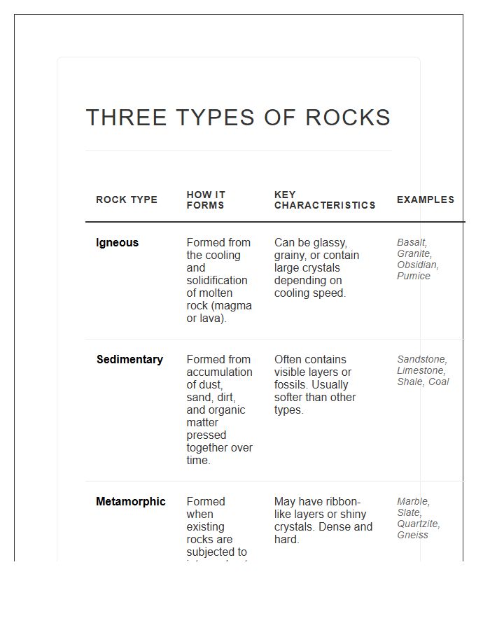Three Types Of Rocks Printable Chart