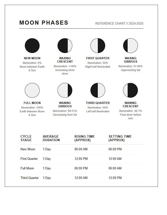 Astronomy Reference Moon Phases Printable Chart