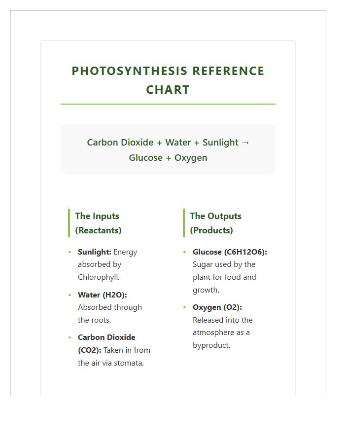 Basic Photosynthesis Science Printable Chart
