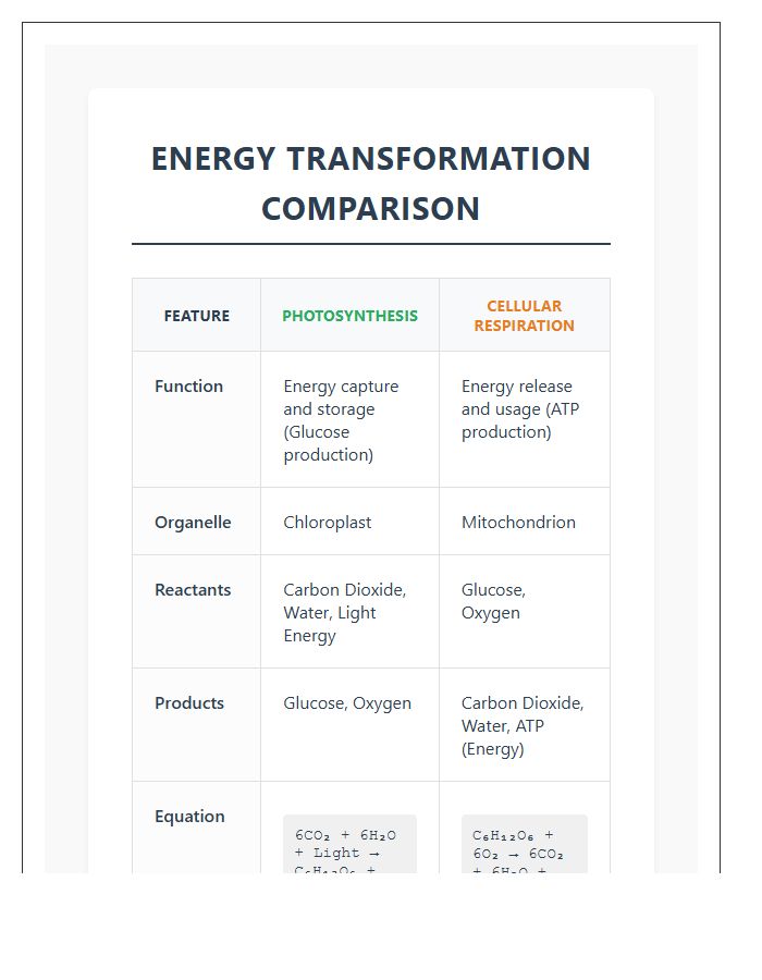 Cellular Respiration And Photosynthesis Printable Chart