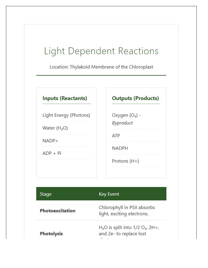 Light Dependent Reactions Photosynthesis Printable Chart