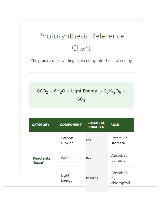 Photosynthesis Reactants And Products Printable Chart