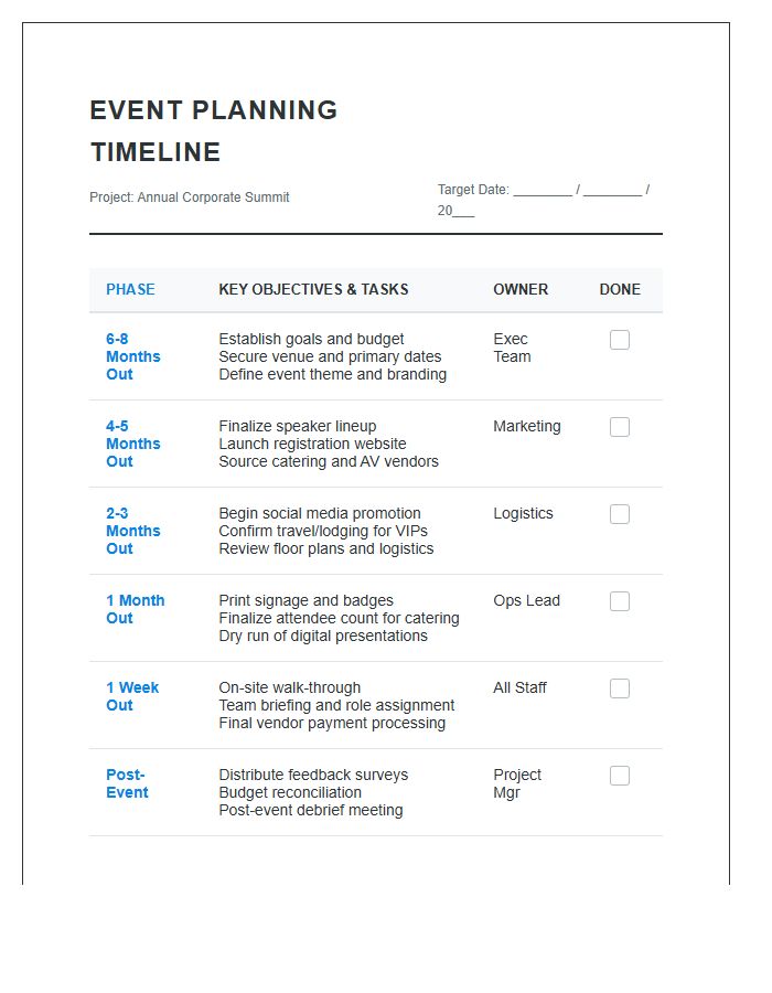Business Event Planning Timeline Printable Chart
