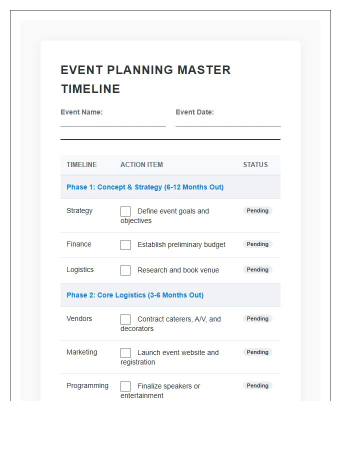 Comprehensive Event Planning Timeline Printable Chart