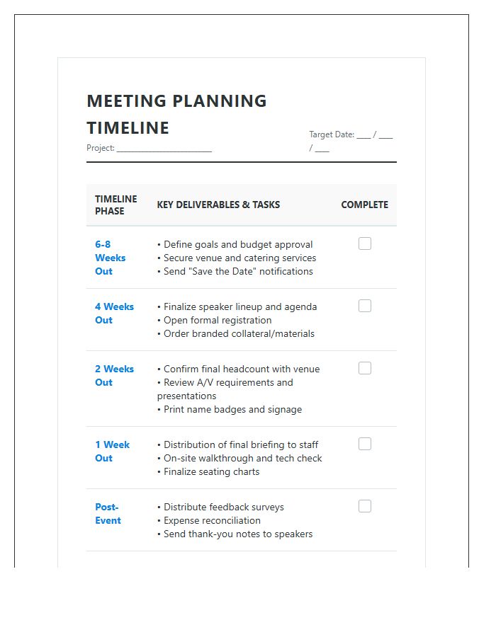 Corporate Meeting Event Planning Timeline Printable Chart