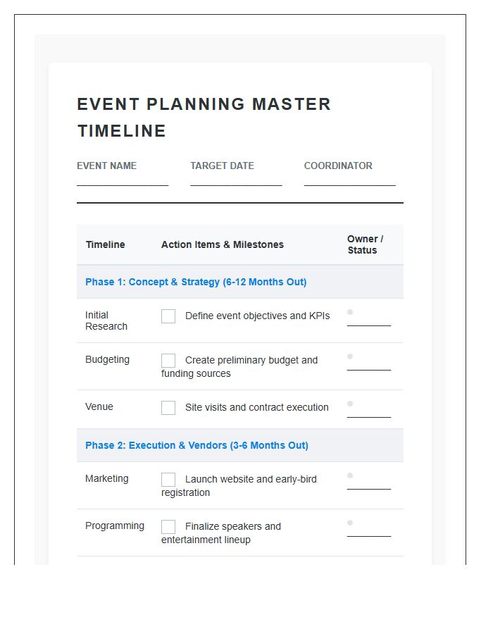 Detailed Event Planning Timeline Printable Chart
