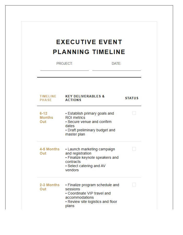 Executive Event Planning Timeline Printable Chart