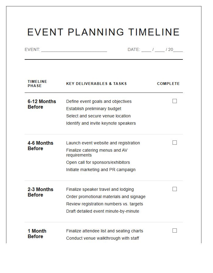 Formal Event Planning Timeline Printable Chart