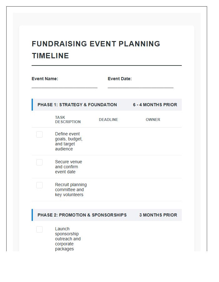 Fundraising Event Planning Timeline Printable Chart