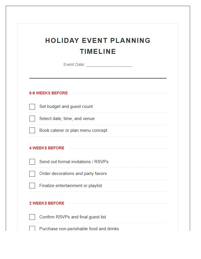 Holiday Party Event Planning Timeline Printable Chart