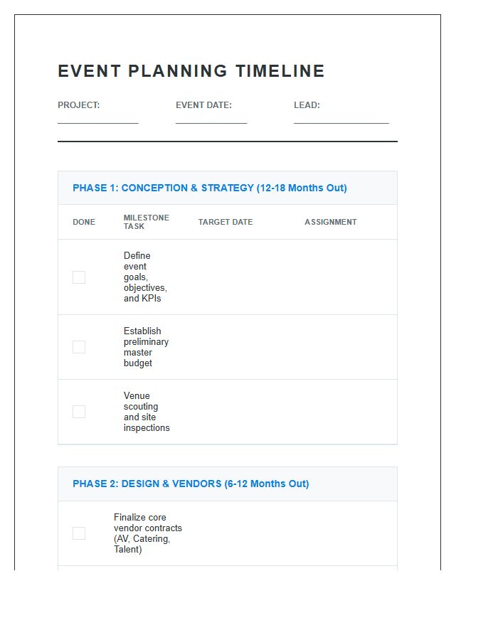 Large Scale Event Planning Timeline Printable Chart