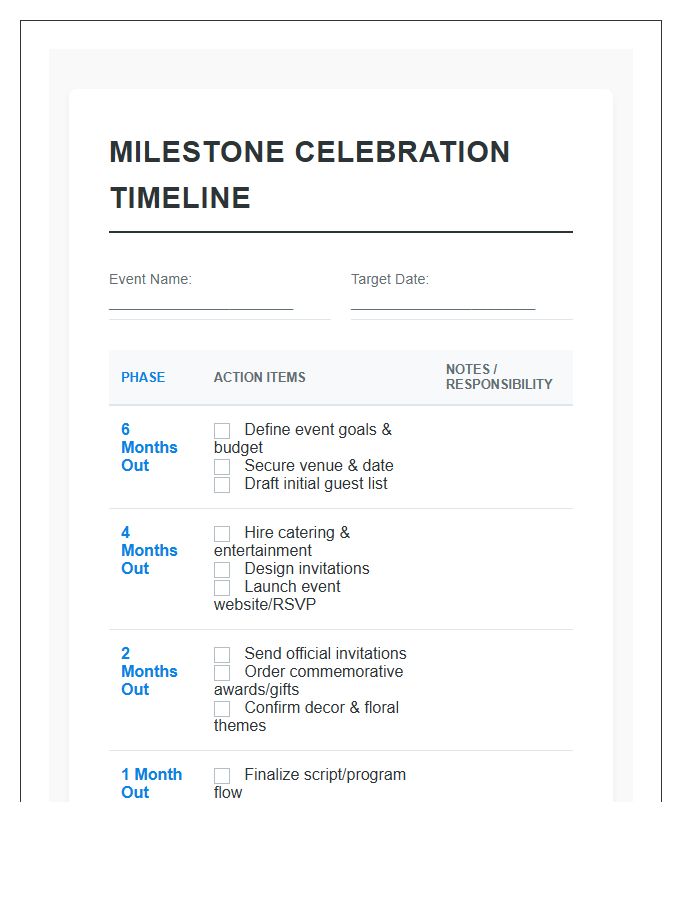 Milestone Celebration Event Planning Timeline Printable Chart