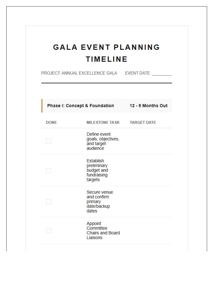 Professional Gala Event Planning Timeline Printable Chart