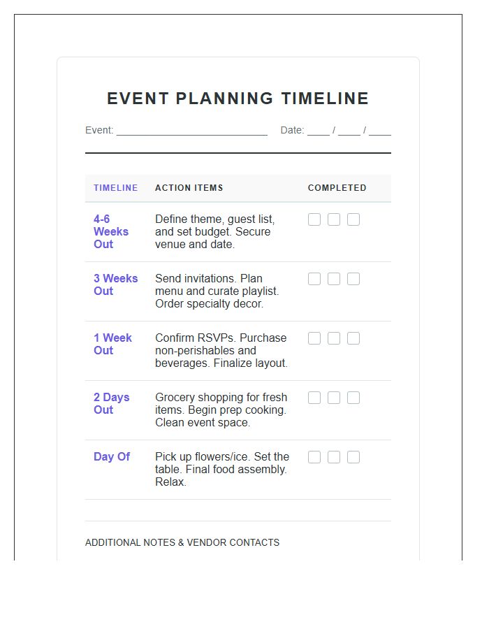 Social Gathering Event Planning Timeline Printable Chart