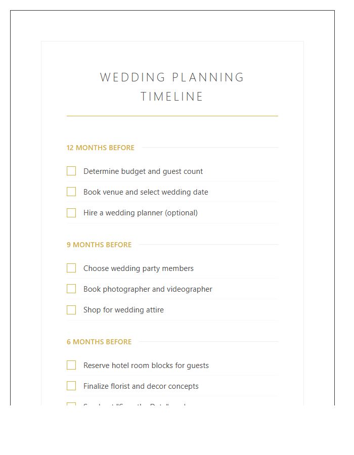 Wedding Event Planning Timeline Printable Chart