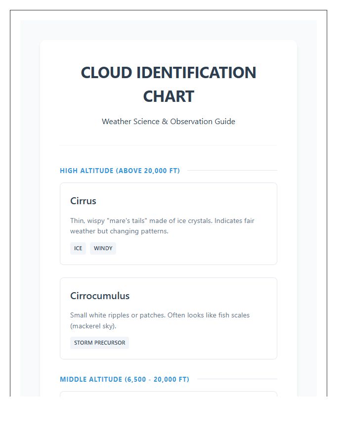 Weather Science Cloud Identification Printable Chart