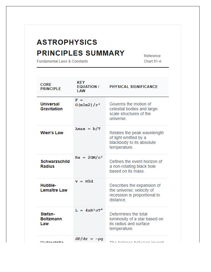 Astrophysics Principles Summary Printable Chart
