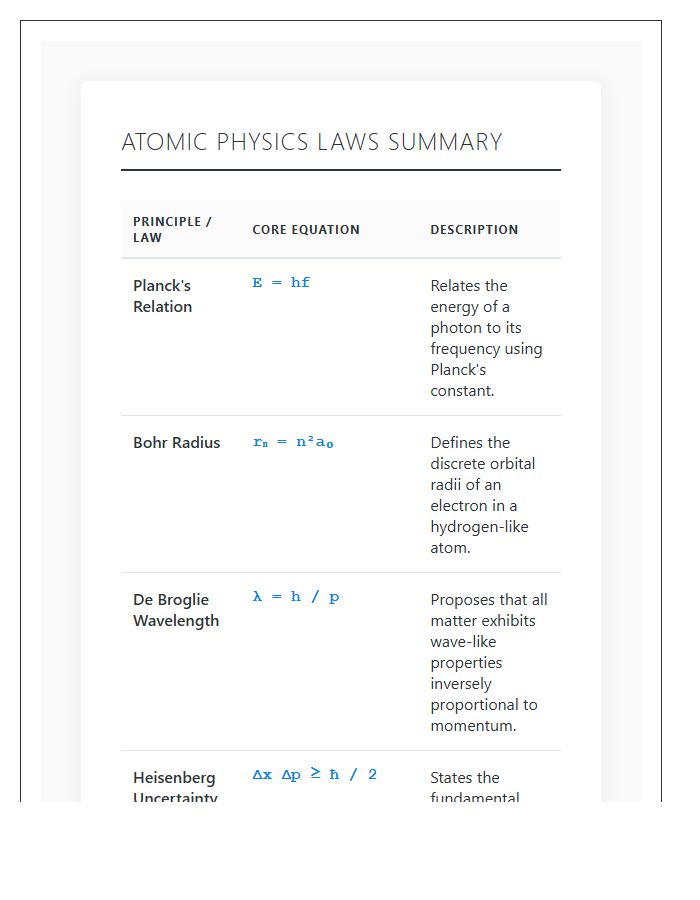 Atomic Physics Laws Summary Printable Chart