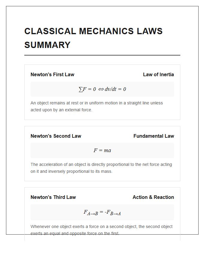 Classical Mechanics Laws Summary Printable Chart