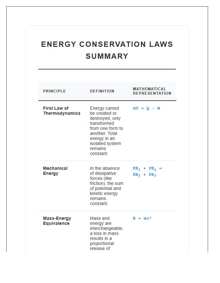 Energy Conservation Laws Summary Printable Chart