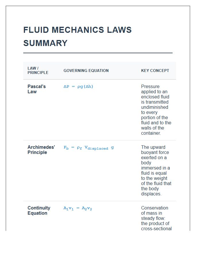 Fluid Mechanics Laws Summary Printable Chart
