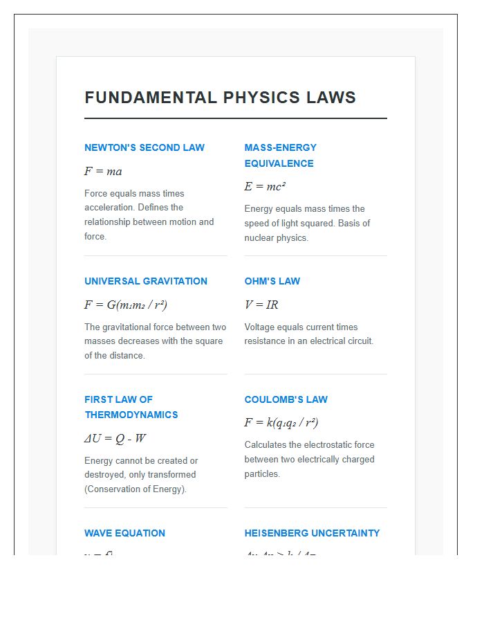Fundamental Physics Laws Summary Printable Chart