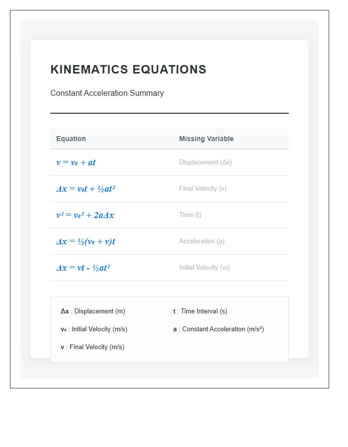 Kinematics Equations Summary Printable Chart