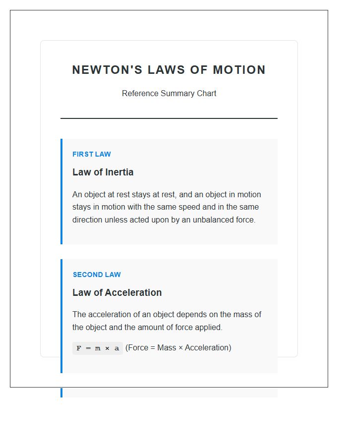 Newtonian Physics Laws Summary Printable Chart