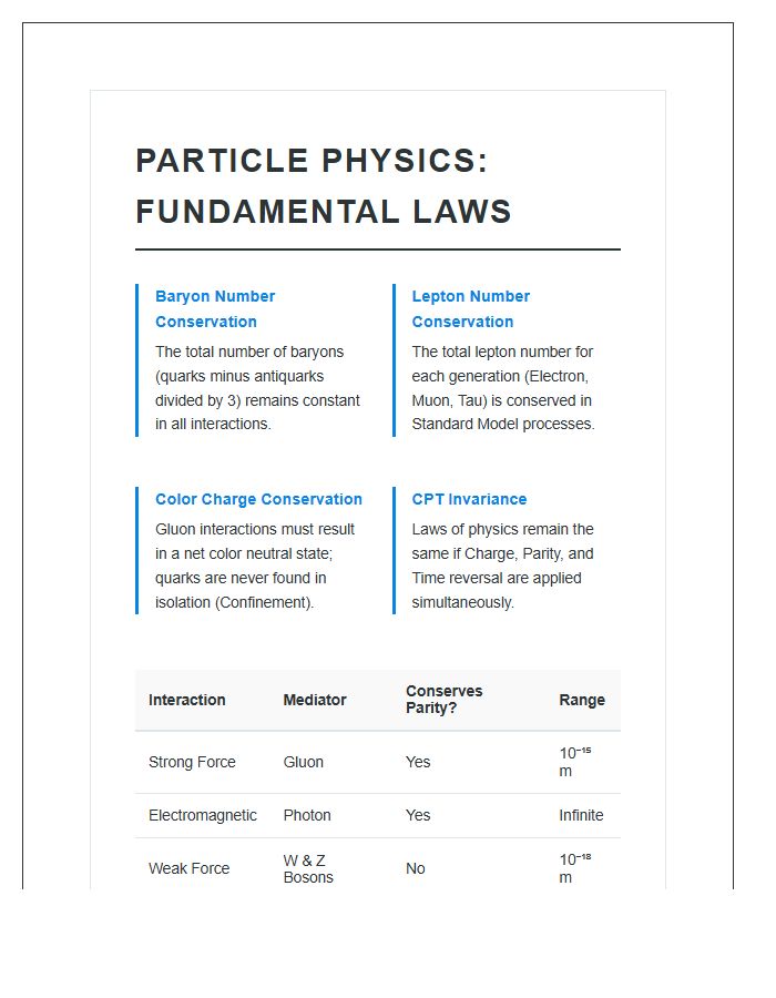 Particle Physics Laws Summary Printable Chart