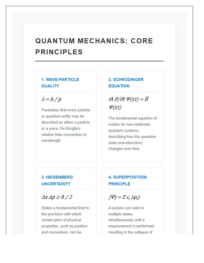 Quantum Mechanics Laws Summary Printable Chart