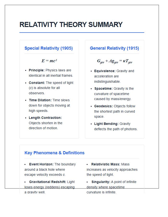 Relativity Theory Summary Printable Chart